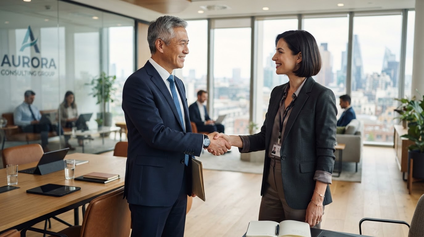 Business executive shaking hands with a consultant in a modern office, symbolizing a trusted consulting partnership