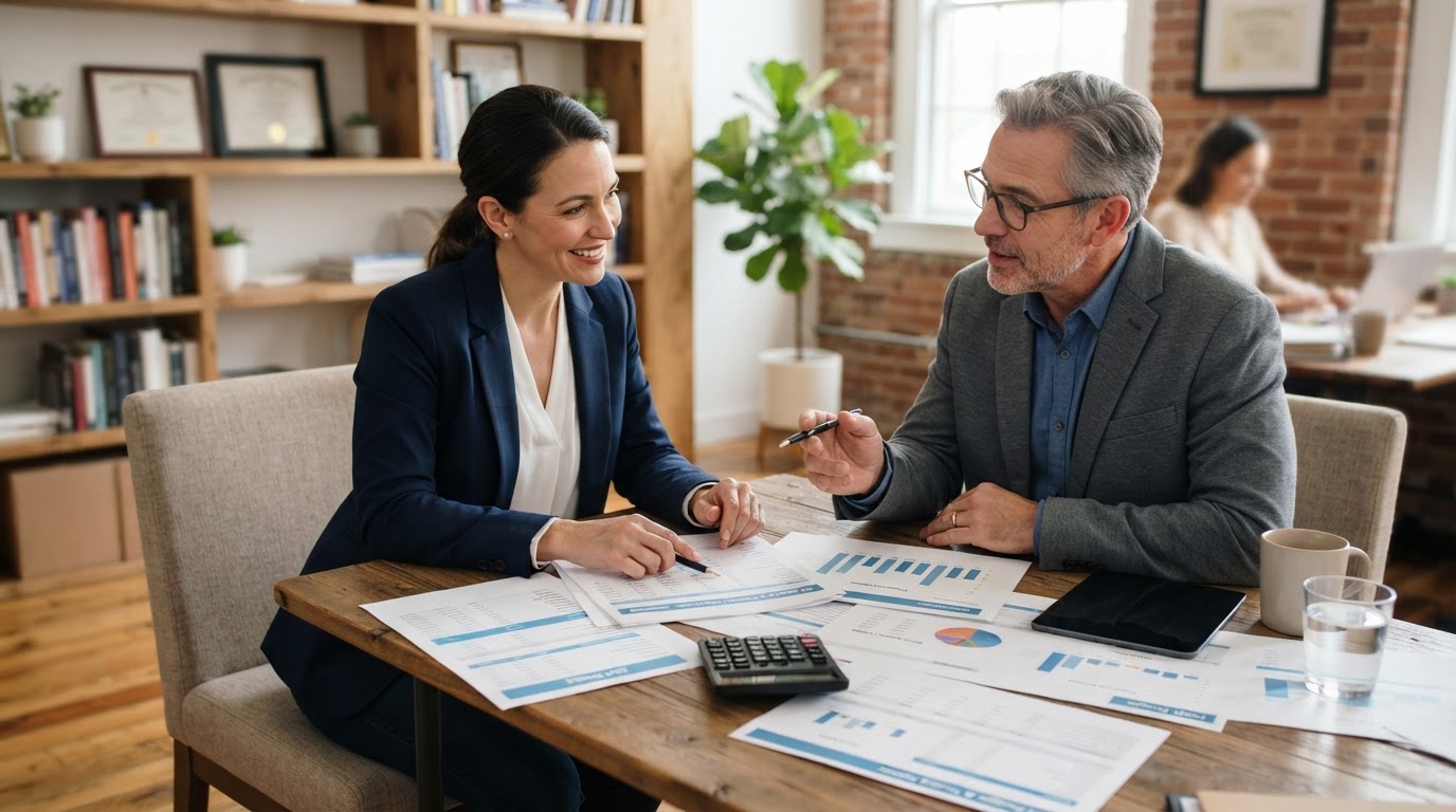 Small business owner reviewing pricing and budget documents with a business consultant