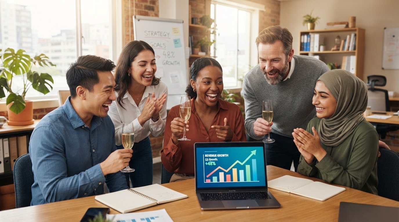 Small business owner planning growth strategy with charts and a laptop