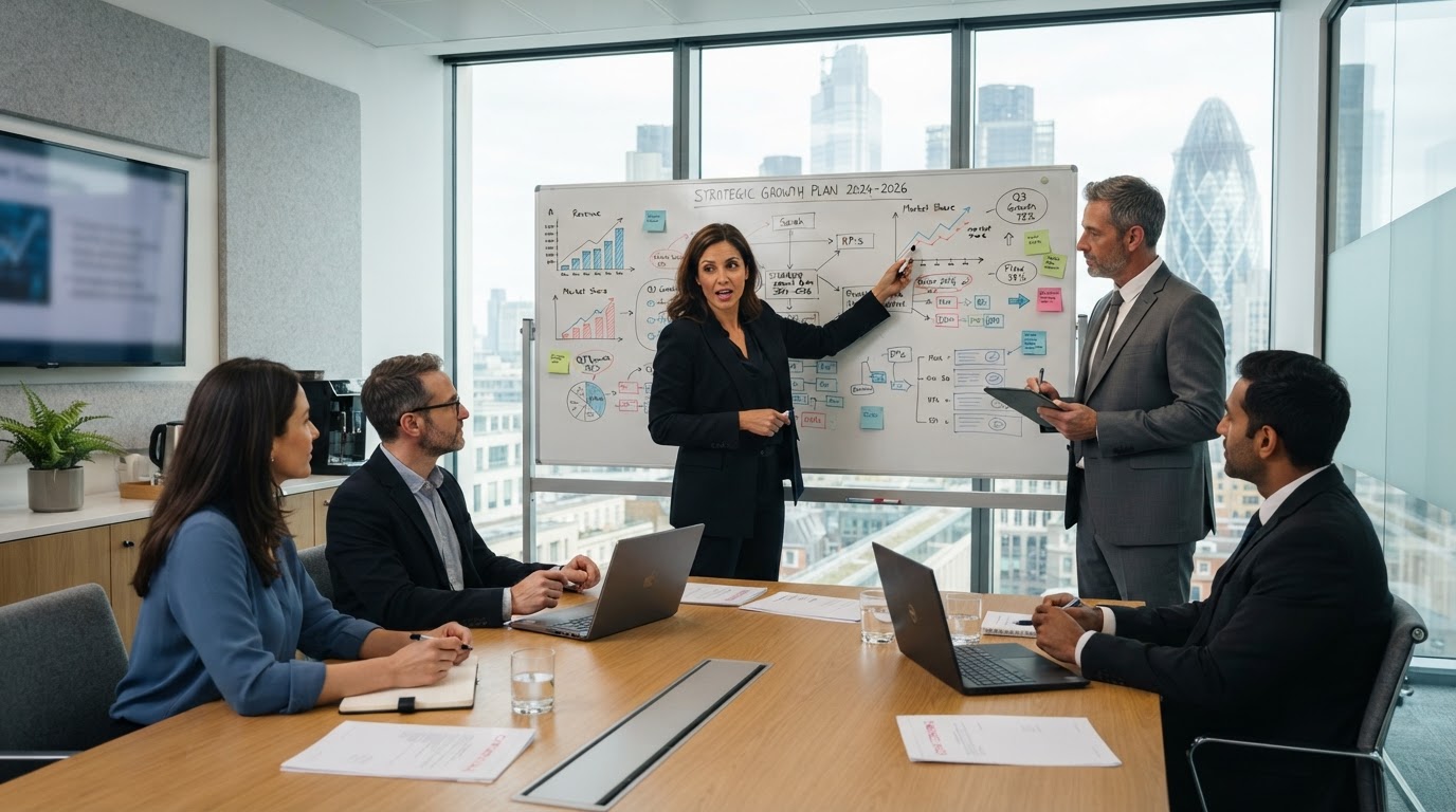 Business executives collaborating on a strategic plan in a modern boardroom