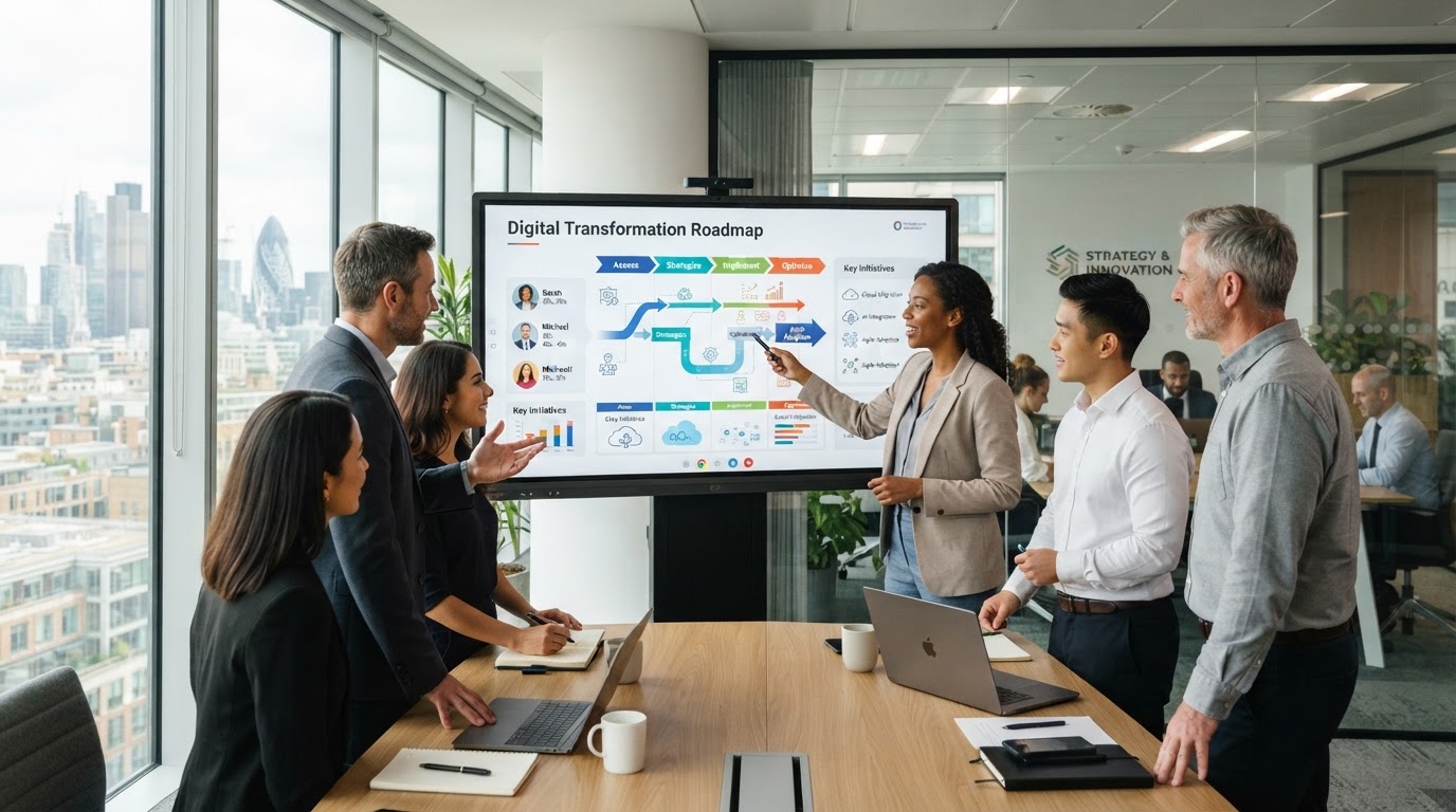 Business team collaborating on a digital transformation roadmap on a touchscreen display